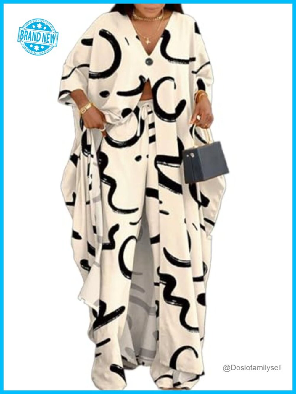 Plus Size 2 Piece Outfit Set 3/4 Sleeve V Neck Top Wide Leg Palazzo Pants